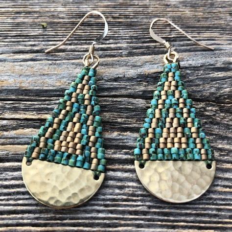 Beaded Brass Teardrops Turquoise And Gold Sm Handwoven Etsy Beaded