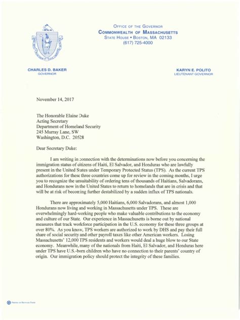 He holds the key to success. Gov Baker TPS Letter to Secretary Duke