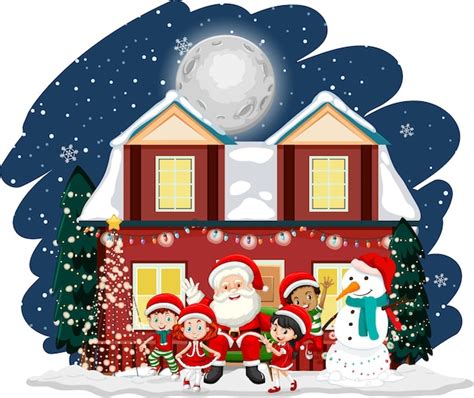 Premium Vector Children Celebrating Christmas With Santa Claus At