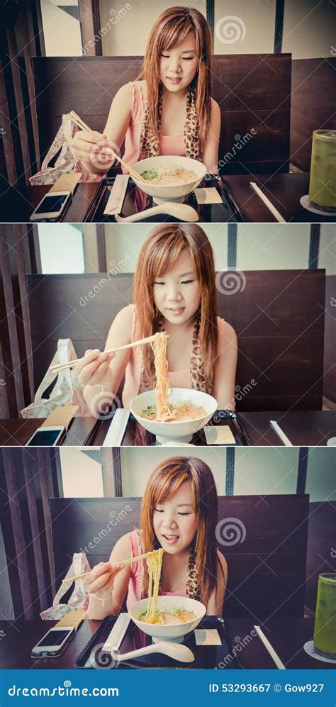 Asian Girl Eating Japanese Ramen In Vintage Color Set Stock Image