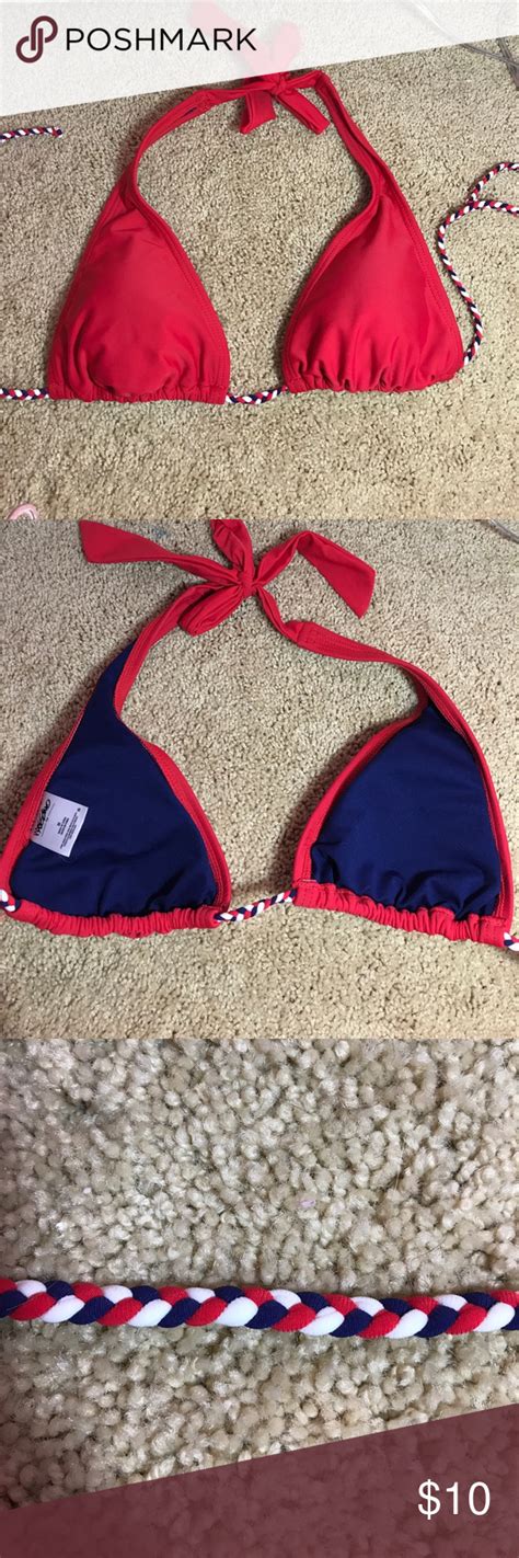 Red Bikini Top With Red White Blue Braided Tie Red Bikini Top Red