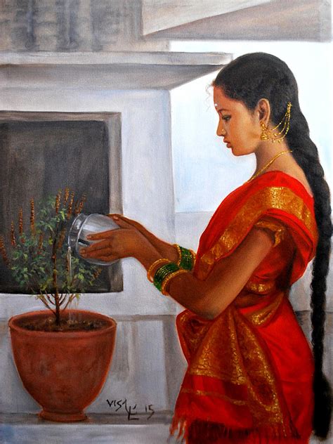Tamil Girl Tulasi Pooja Painting By Vishalandra Dakur