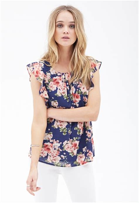 Forever 21 Ruffled Floral Chiffon Blouse In Blue Navycoral Lyst