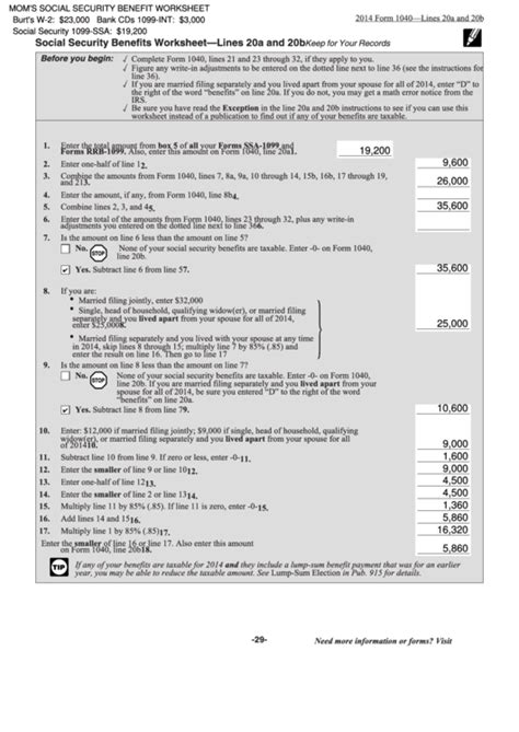 Fillable Form 1040 Social Security Benefits Worksheet 1040 Form Printable