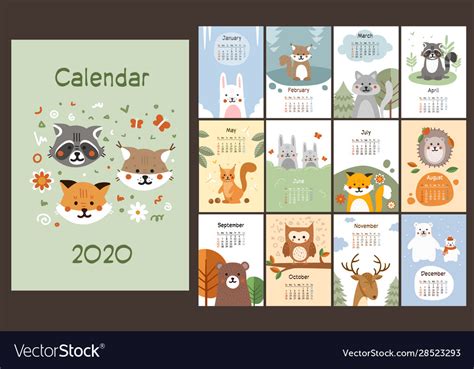 2020 Calendar Design With Cute Little Animals Vector Image