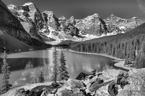 Moraine Lake Rockpile Reflections Black And White Photograph By Adam