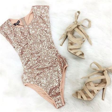 Newest Sequins Triangle Bikini Gold Sequined Sleeveless Bodysuit