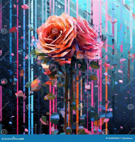 Abstract Cyberpunk Art Roses Falling In Surrealistic Futuristic Pixel