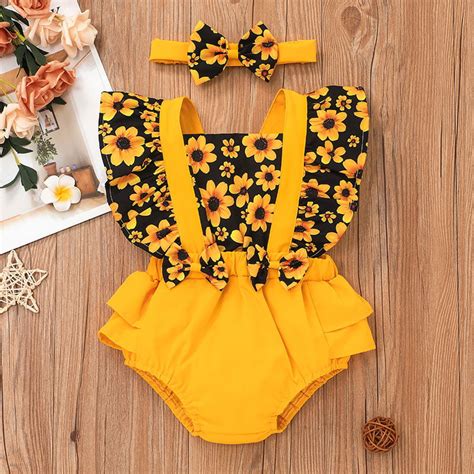 Patpat 2pcs Baby Girl Sunflower Floral Print Splice Yellow Layered