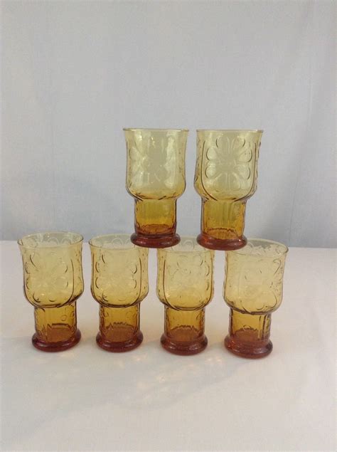 Vintage Libbey Amber Lot Of 6 Embossed Flower Daisy Drink Glasses Meals Liquid Libbey