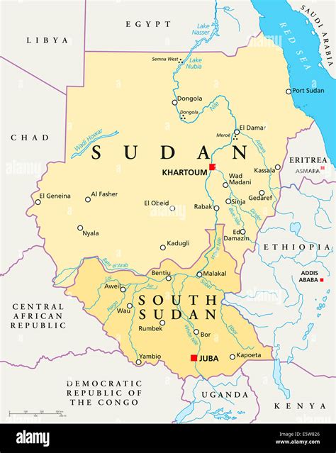 sudán y sudán del sur mapa político con capiteles de jartum y juba las fronteras nacionales