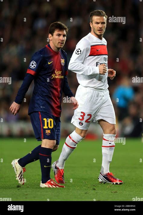 Barcelonas Lionel Messi And Paris Saint Germains David Beckham Stock