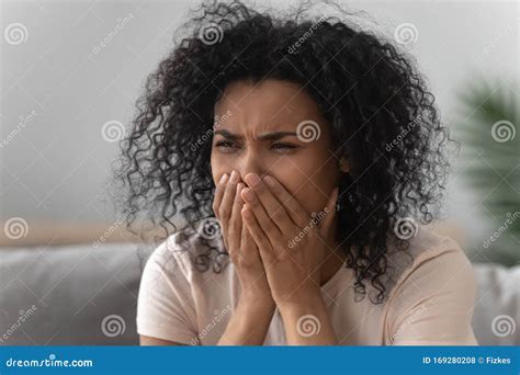 Grieving African Woman Crying Sitting On Couch Stock Photo Image Of