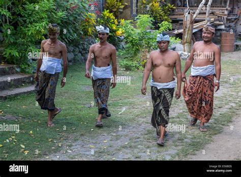 Tenganan Bali Indonesia Men En Route To A Religious Ceremony Wearing Sarongs And Udengs