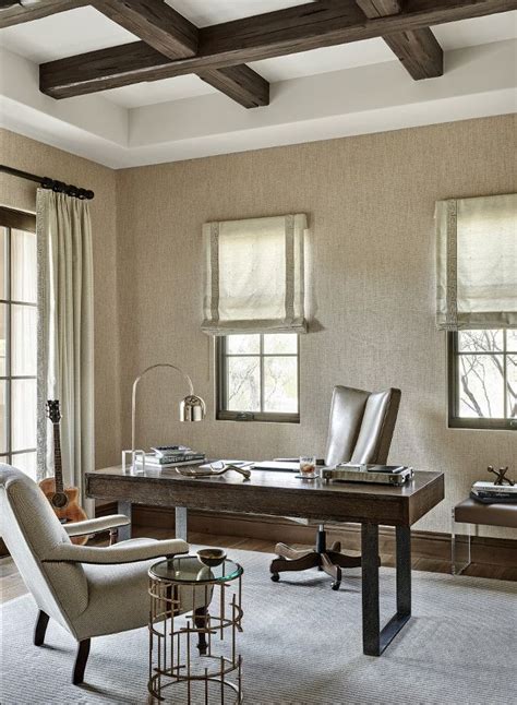 Neutral Home Office With Grasscloth Wallpaper And Stained Coffered
