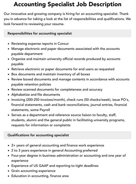 Accounting Specialist Job Description Velvet Jobs