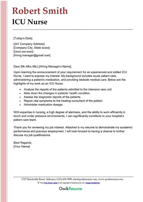 Icu Nurse Cover Letter Examples Qwikresume