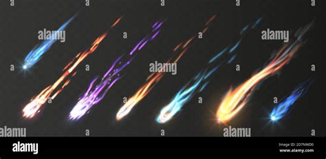 Comets And Meteorite Set Vector Realistic Meteors And Fireballs With