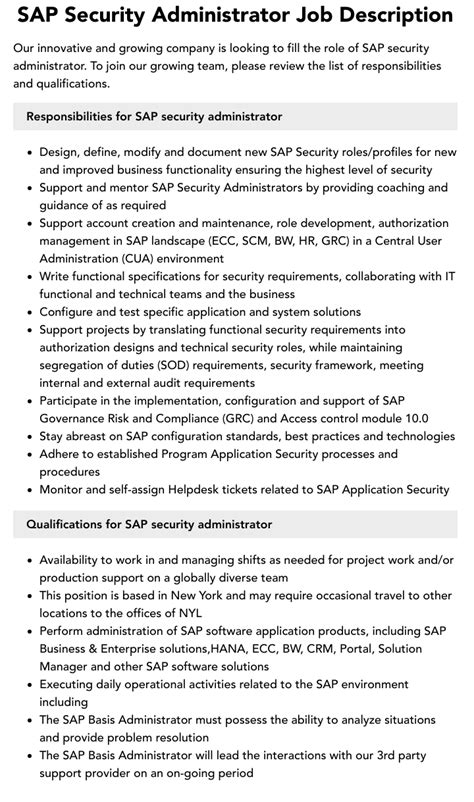 Sap Security Administrator Job Description Velvet Jobs