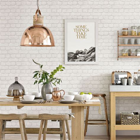 White Country Kitchen With Brick Effect Wallpaper White Brick