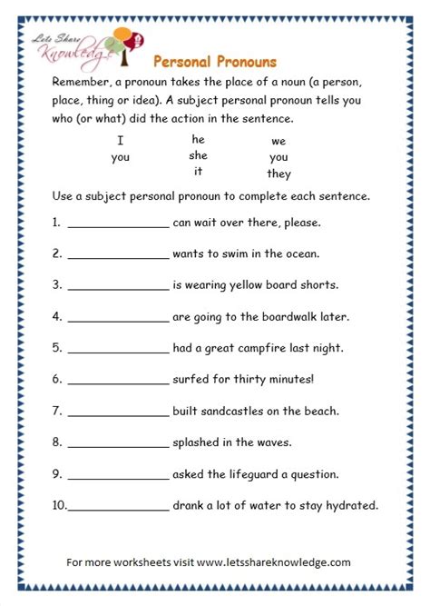 Create review printables and answer keys for all levels to guide your students through tricky choices in pronoun usage. Grade 3 Grammar Topic 10: Personal Pronouns Worksheets ...