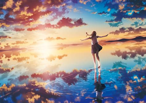 Wallpaper Sunlight Sunset Sea Anime Girls Reflection Sky Clouds School Uniform Sun