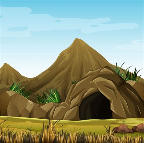 Scene With Cave In The Mountain Premium Vector