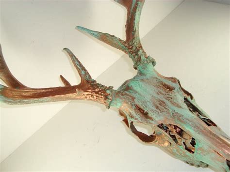 Copper Natural Patina Deer Skull Antlers Art Sculpture