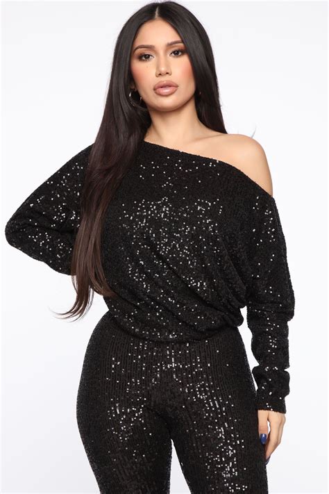 Sequins To Everything Pant Set Black In 2021 Long Sleeve Sequin Top