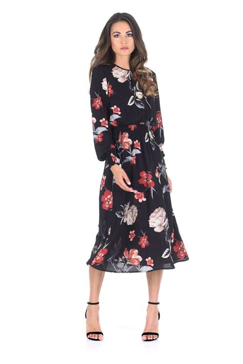 Black Floral Long Sleeve Elastic Waist Midi Dress Ax Paris