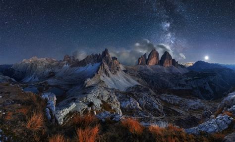 Alps Mountain Landscape With Night Sky And Mliky Way Dolomites Stock