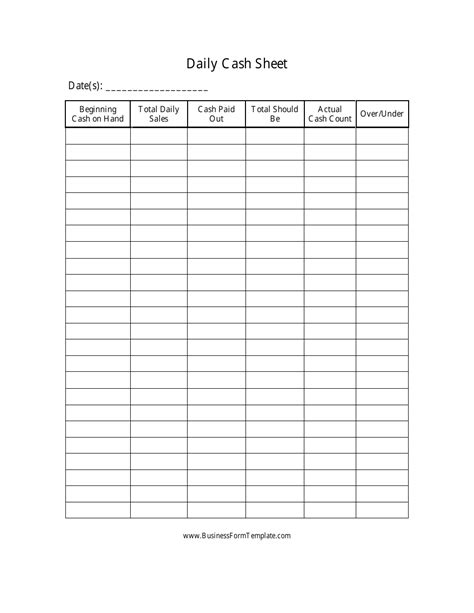 Daily Cash Sheet Template Big Table Download Printable Pdf
