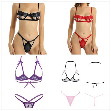 Women Lace Lingerie Set Open Cup Shelf Bra G String Halter Neck Bra