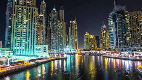 Night Light Street View On Boats In Dubai Marina Stock Footage Video