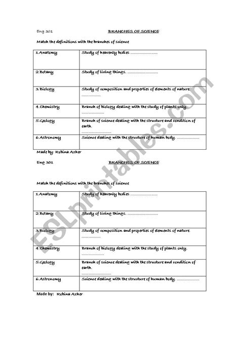 Branches Of Science Esl Worksheet By Aleeza123