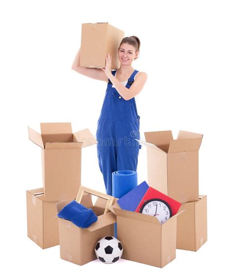 Moving Day Concept Woman Blue Workwear Cardboard Boxes Stock Photos