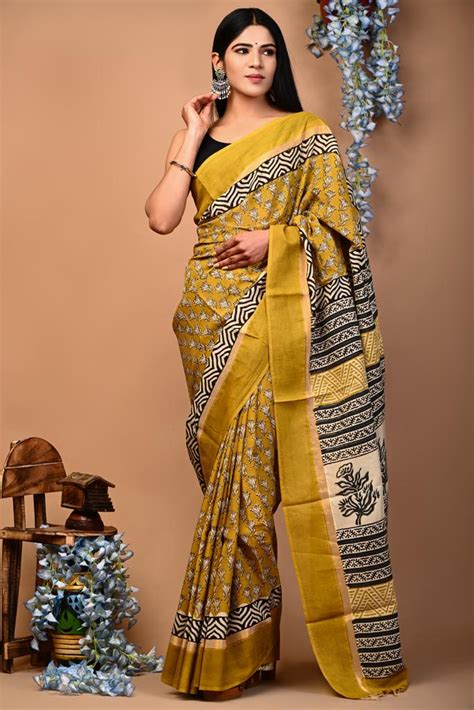 Flattering Hand Block Printed Assam Silk Saree In Gold And Mustard Color