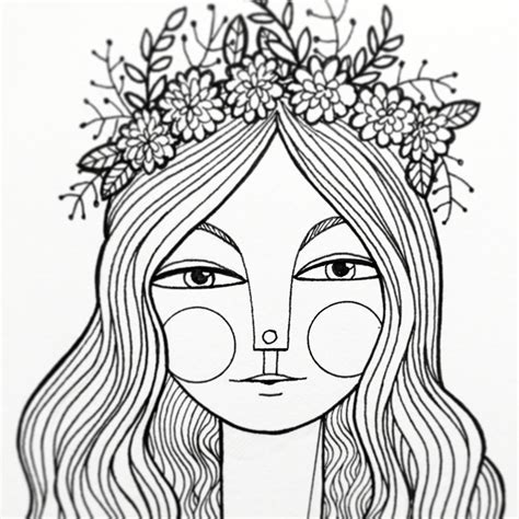 Pen And Ink Drawing Of A Girl With Long Wavy Hair And A Flower Crown