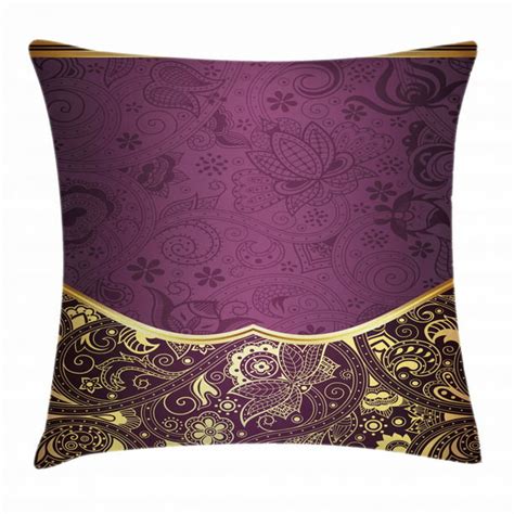Purple Throw Pillow Cushion Cover Oriental Abstract Gold Swirly Floral