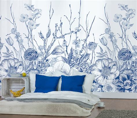 Blue Floral Wall Mural Peel And Stick Wallpaper Retro Wall Etsy