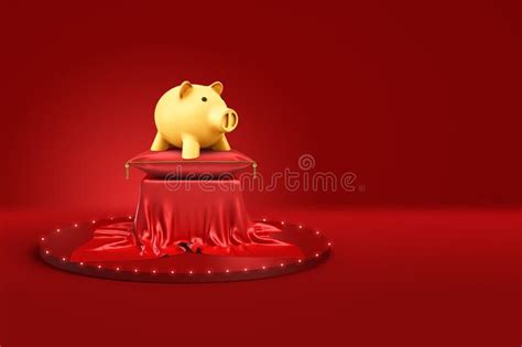 wiedergabe 3d von goldenem sparschwein auf rotem kissen und von sockel bedeckt mit rotem stoff
