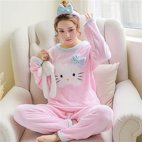 cute kawaii kitten pajama set girls sleepwear pajamas women warm pajamas