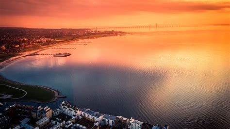Download Wallpaper 1920x1080 City Sea Aerial View Coast Sunset Full