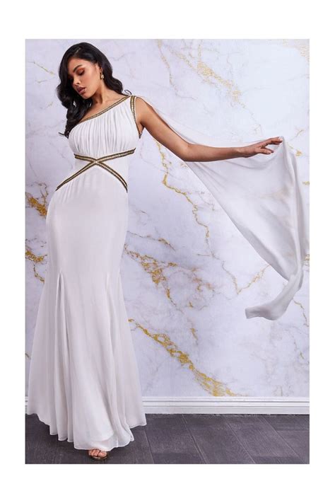 danaya embellished one shoulder grecian maxi dress cream in 2021 white maxi dresses dresses