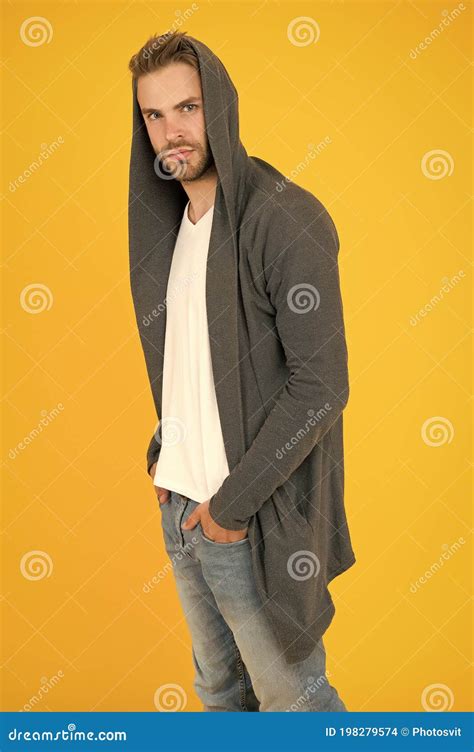 Fashion Design Gives Sporty Feel Fashion Man Yellow Background Handsome Guy Wear Hooded