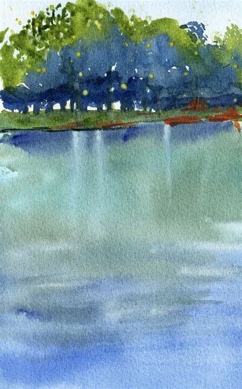 Blue Abstract Watercolor Hand Painted Landscape Background River Coast