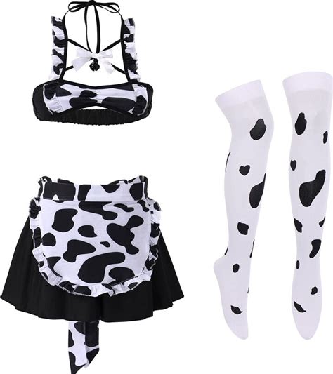 Fymnsi Womens Lingerie Set Sexy Dairy Cow Costume Anime Kawaii Micro Mini Bikini Bra G String