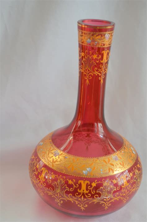 Moser Art Glass Vase Cranberry Gold And Raised Enamel Bohemian 1800s Vic Christiescurios