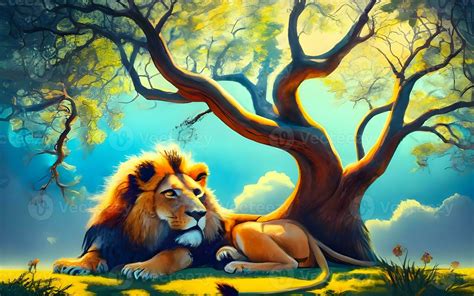 Majestic Lions Bask In Tranquility Beneath The Canopy Ai Generated