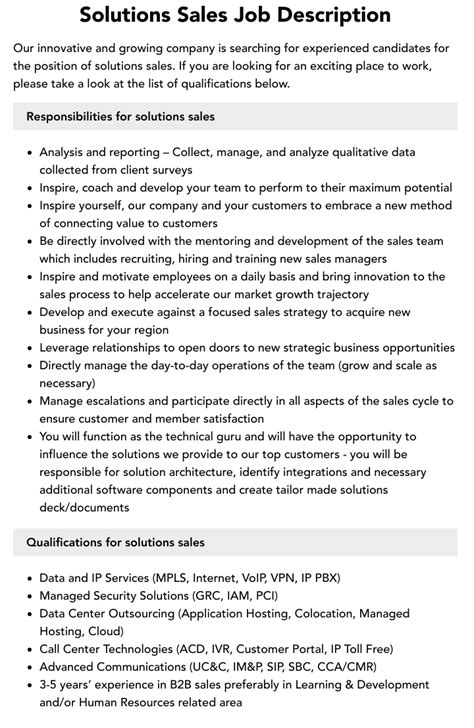 Solutions Sales Job Description Velvet Jobs